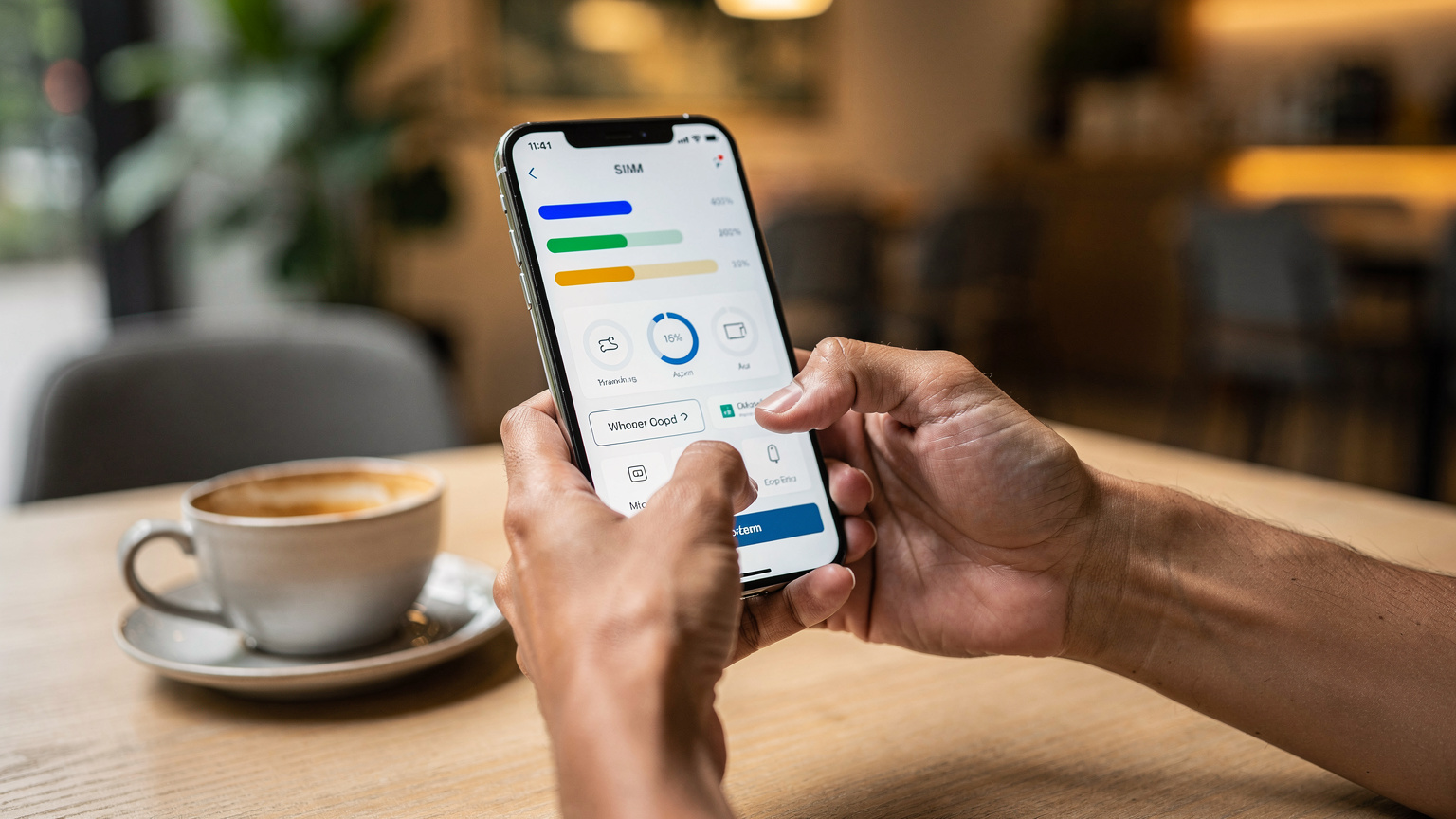 Ein Smartphone zeigt die Benutzeroberfläche einer eSIM-App mit dem aktuellen Datenverbrauch und Optionen zum Aufladen, gehalten von Händen in einem Café in Bangkok.