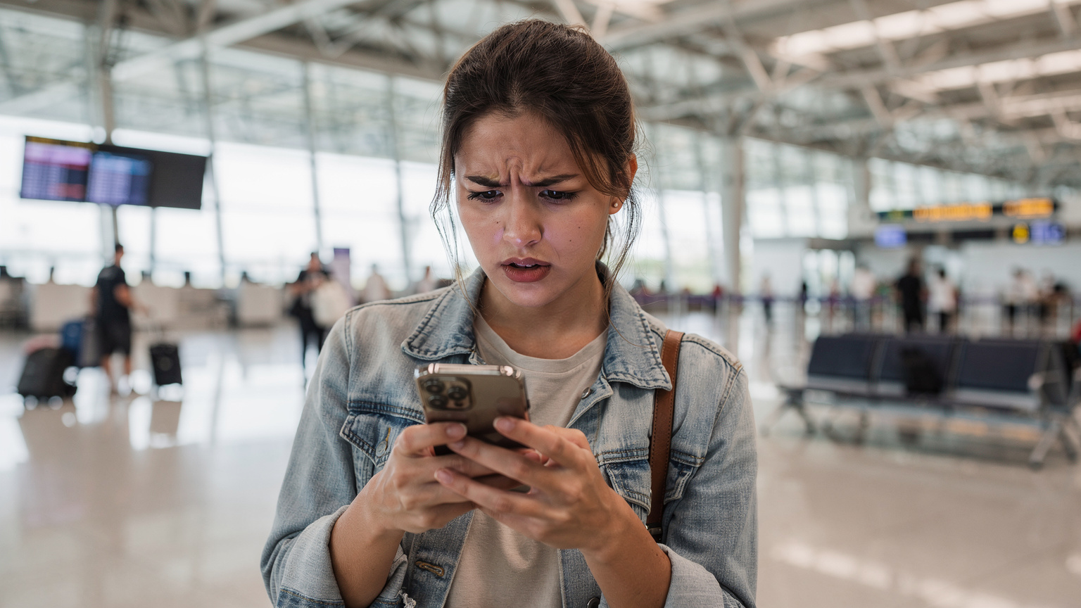 Eine junge Frau am Flughafen, die auf ihr Smartphone schaut und offensichtlich frustriert ist, während sie versucht, eine Verbindung herzustellen.