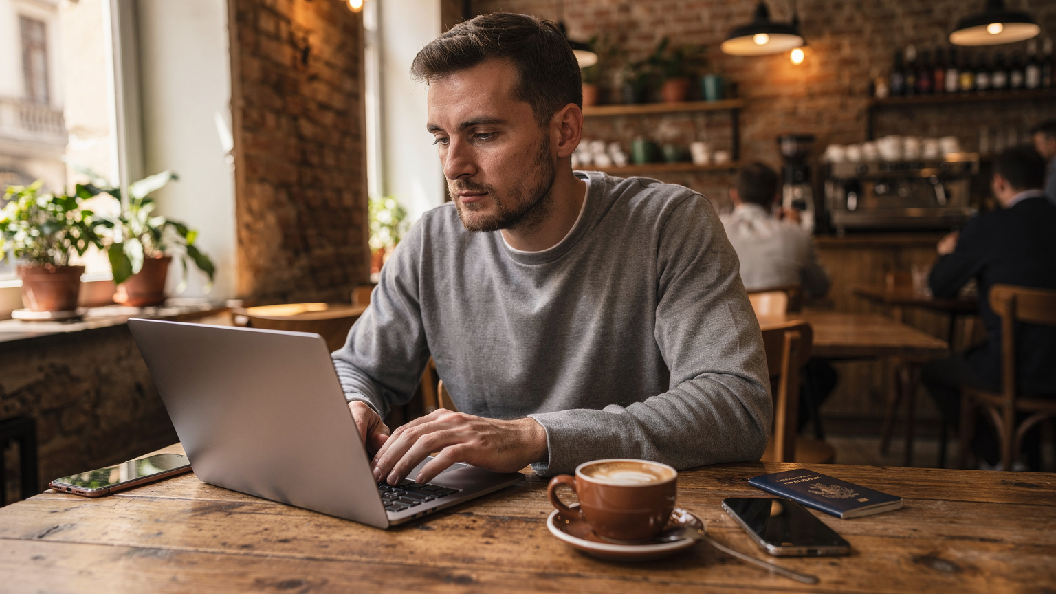 Ein digitaler Nomade, der an einem Holztisch in einem Café in Budapest sitzt, während er mit seinem Laptop und Smartphone arbeitet. Auf dem Tisch liegt ein Reisepass.