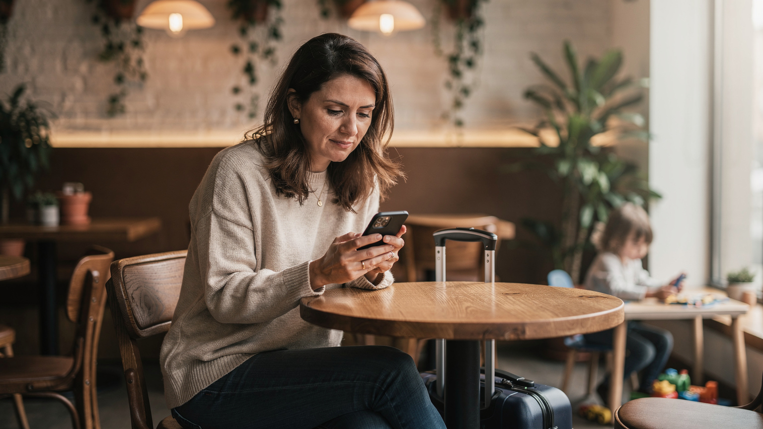 A mother sitting in a cozy cafe, looking at her smartphone and adjusting parental control settings, while her child plays with a toy nearby.