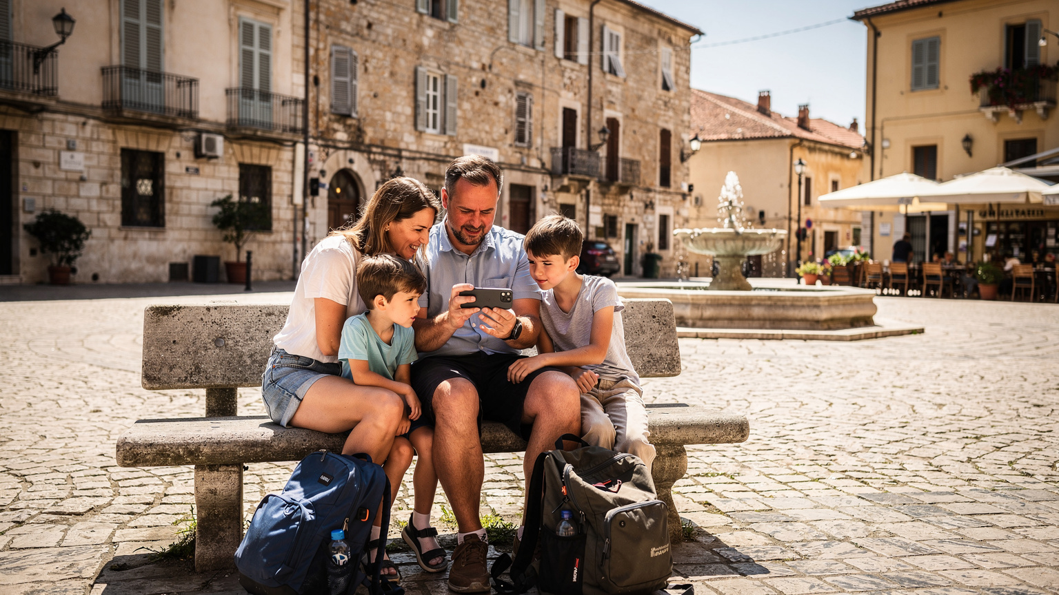 A family, a mother, father, and two children, sitting on a weathered stone bench in a charming European city square, looking at a smartphone for directions.