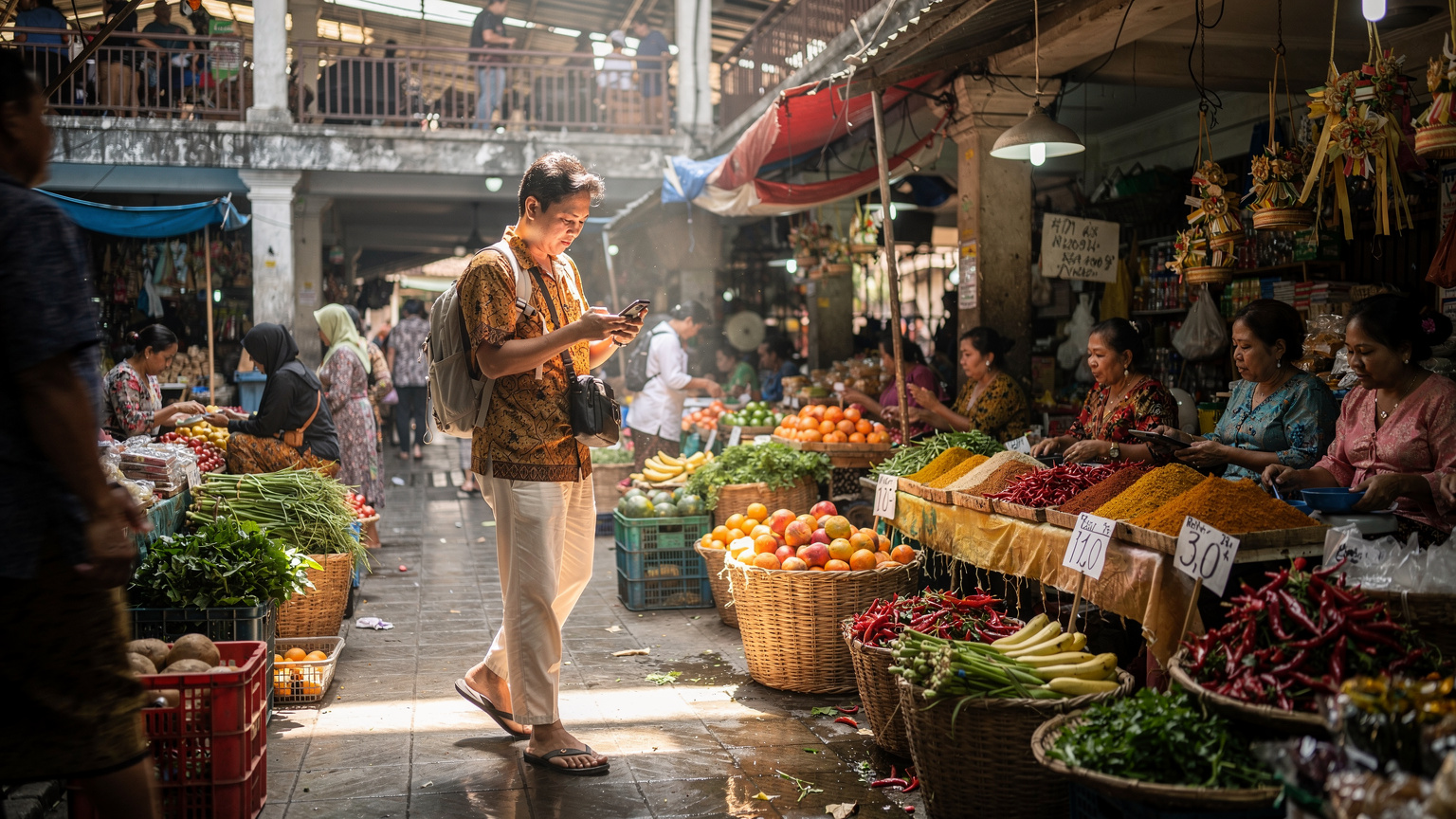 A person navigating the bustling Pasar Badung traditional market in Denpasar, Bali, holding a phone to check directions, embodying local immersion.