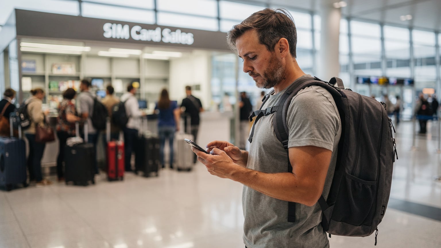 A traveler uses their phone to activate an eSIM at a bustling airport terminal, bypassing a queue at a traditional SIM card kiosk.