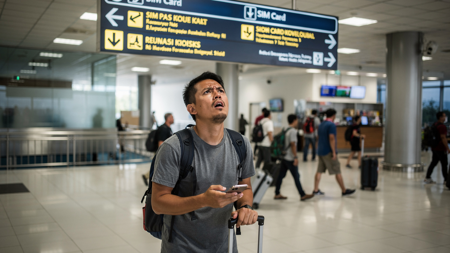 A frustrated traveler at Denpasar airport, phone in hand, looking at a confusing sign for SIM card kiosks, highlighting a common travel pain point.