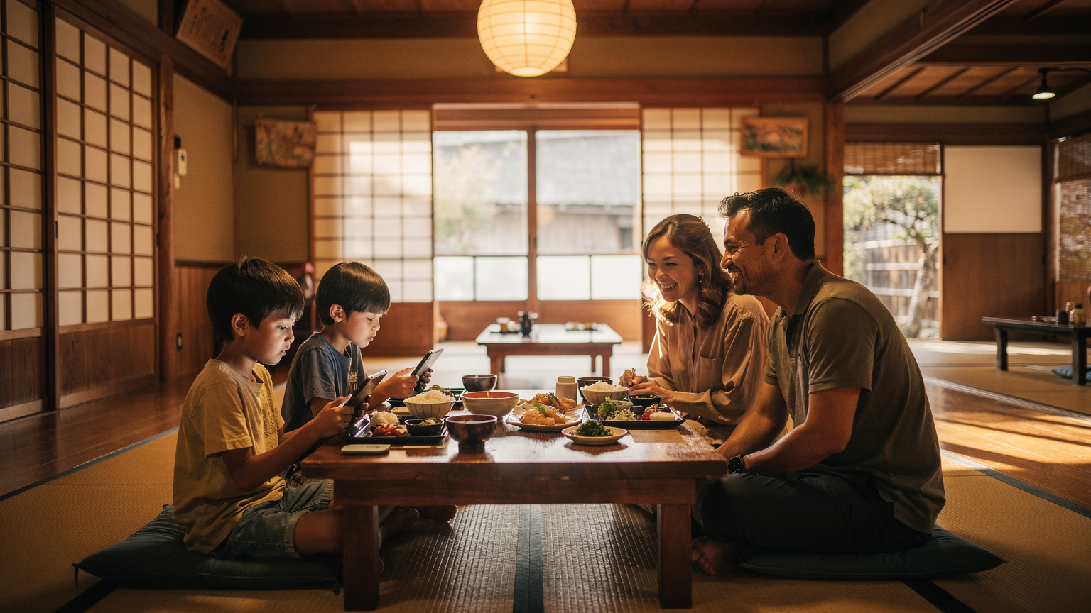 Sebuah keluarga Indonesia makan siang di sebuah restoran tradisional di Kyoto, Jepang. Anak-anak asyik dengan perangkat mereka, sementara orang tua tersenyum, menunjukkan liburan yang santai.