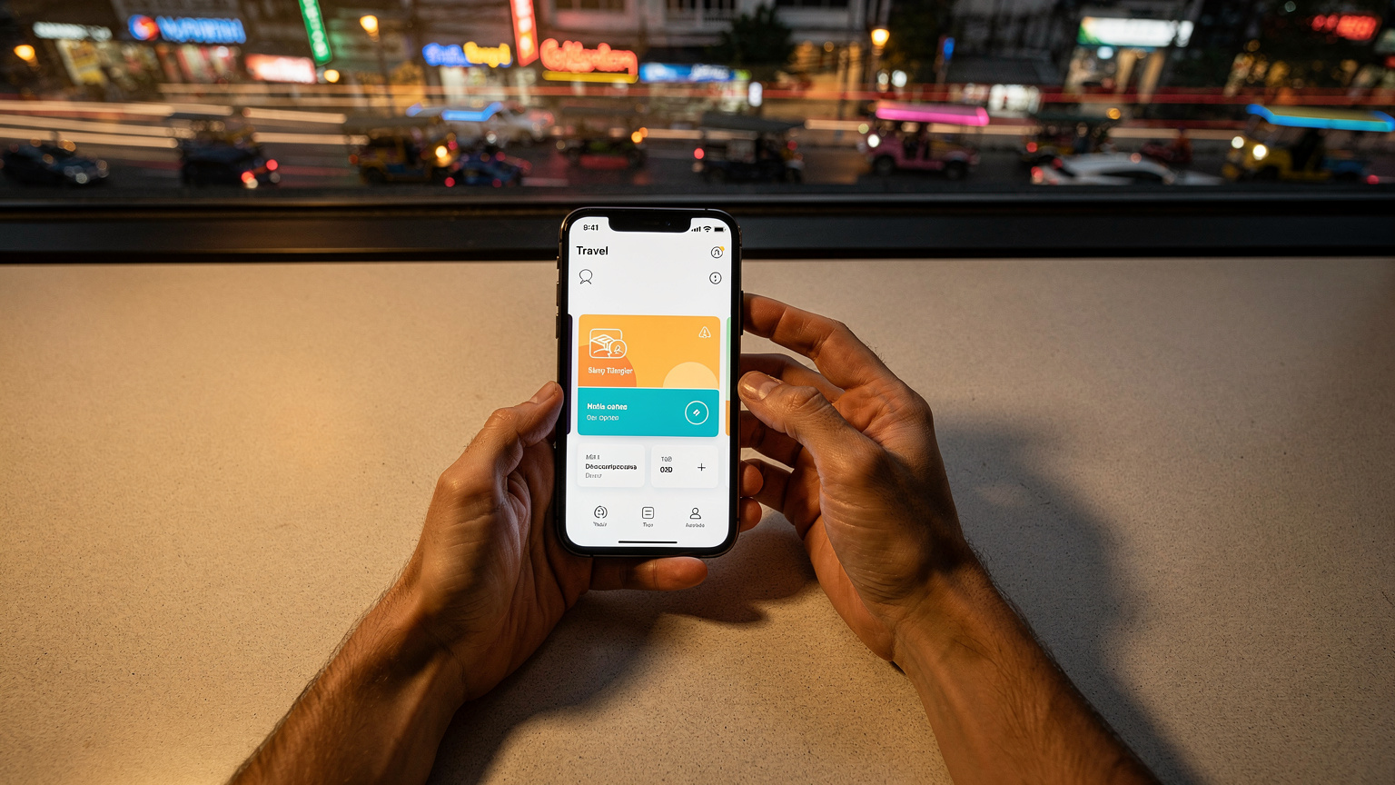 Tangan seorang ayah memegang smartphone dengan aplikasi Cellesim terbuka, menampilkan daftar paket eSIM untuk berbagai negara, dengan latar belakang pemandangan kota Bangkok yang ramai saat senja.