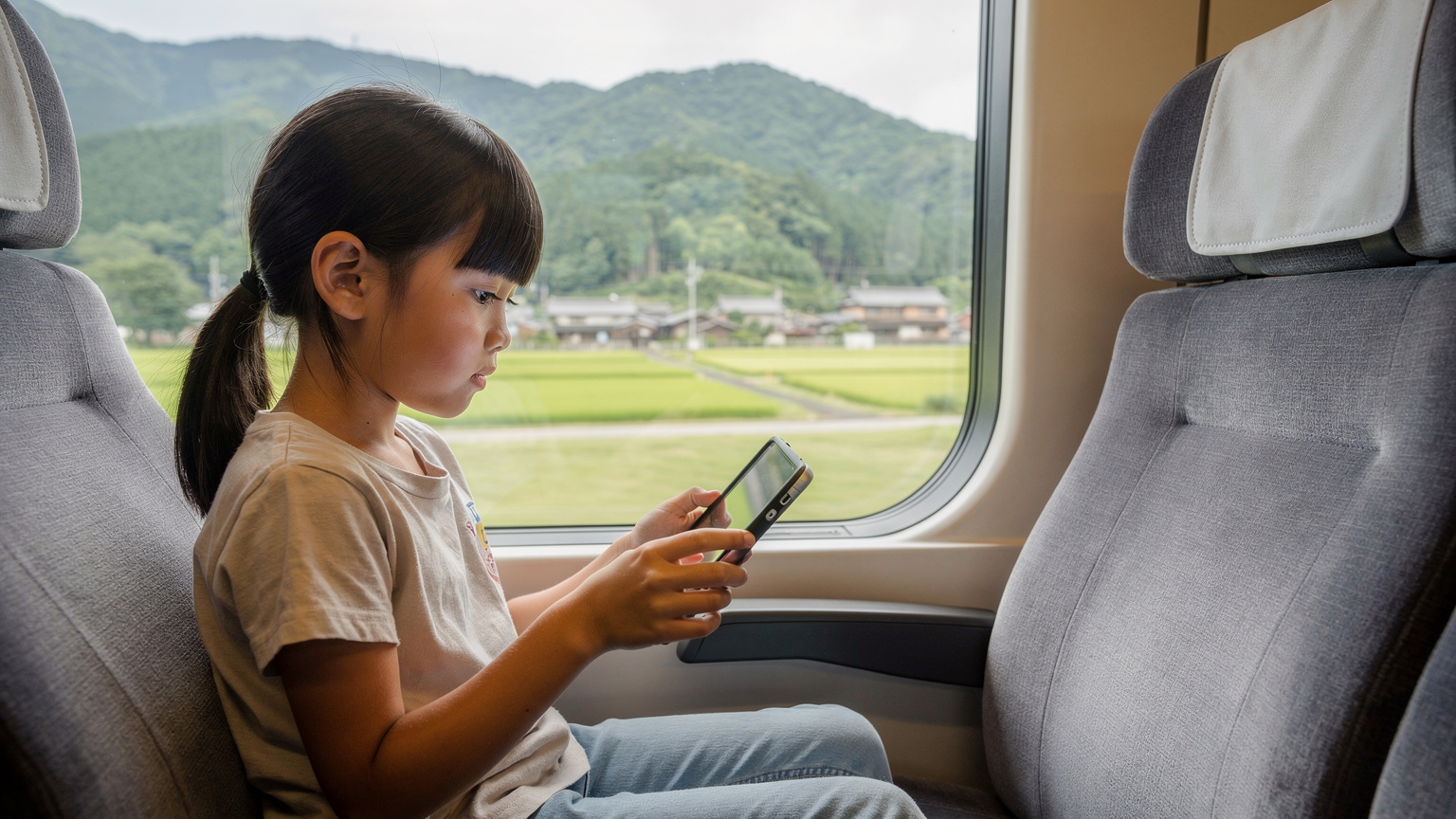Seorang anak perempuan berumur 8 tahun asyik bermain game di tabletnya di dalam kereta Shinkansen Jepang, dengan pemandangan pegunungan dan pedesaan yang melaju cepat di luar jendela.