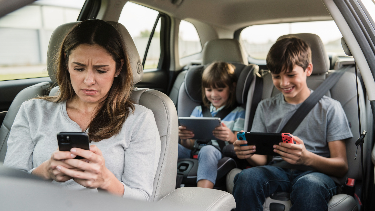 Seorang ibu mengecek penggunaan data di ponselnya dengan ekspresi sedikit cemas, sementara dua anak di kursi belakang mobil asyik bermain di tablet dan Nintendo Switch mereka.