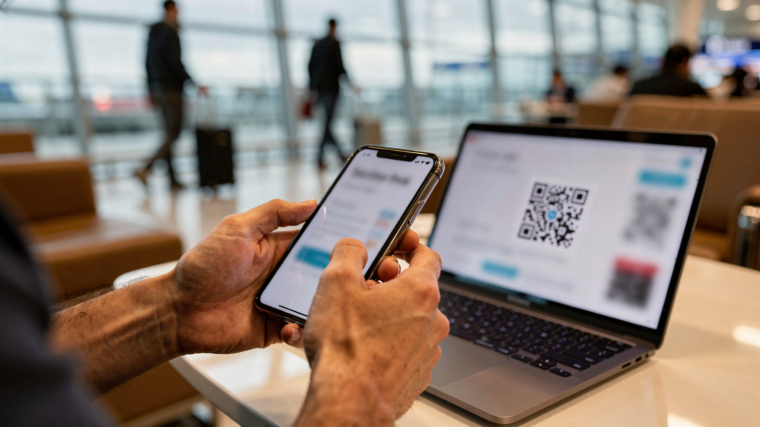 Мъж държи смартфон, показващ екрана за инсталиране на eSIM, и сканира QR код от друг екран на лаптоп, на летището в Истанбул.