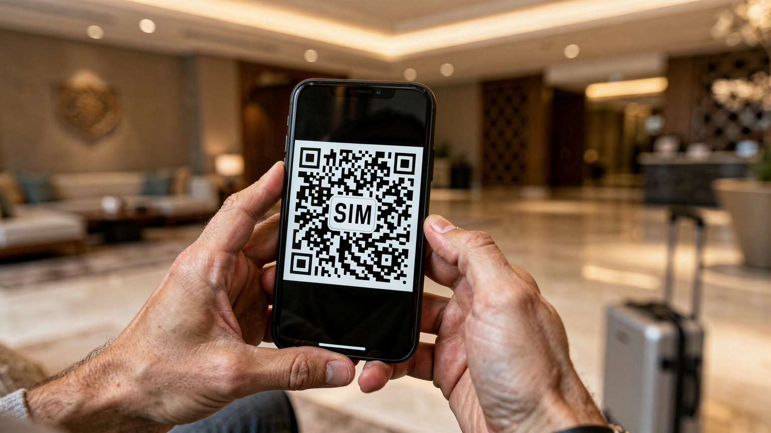 Zbliżenie na dłonie turysty, który trzyma smartfon i skanuje kod QR eSIM, siedząc w eleganckim hotelowym lobby w Agadirze, z eleganckimi meblami w tle.