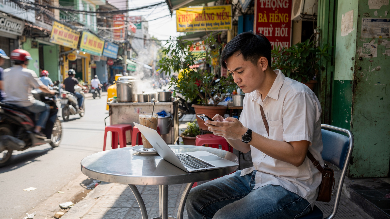 En person sitter vid ett litet cafétabell utomhus i Ho Chi Minh-staden, med en kopp vietnamesiskt kaffe och en bärbar dator, fokuserad på sin smartphone för att kontakta kundtjänst via chatt.