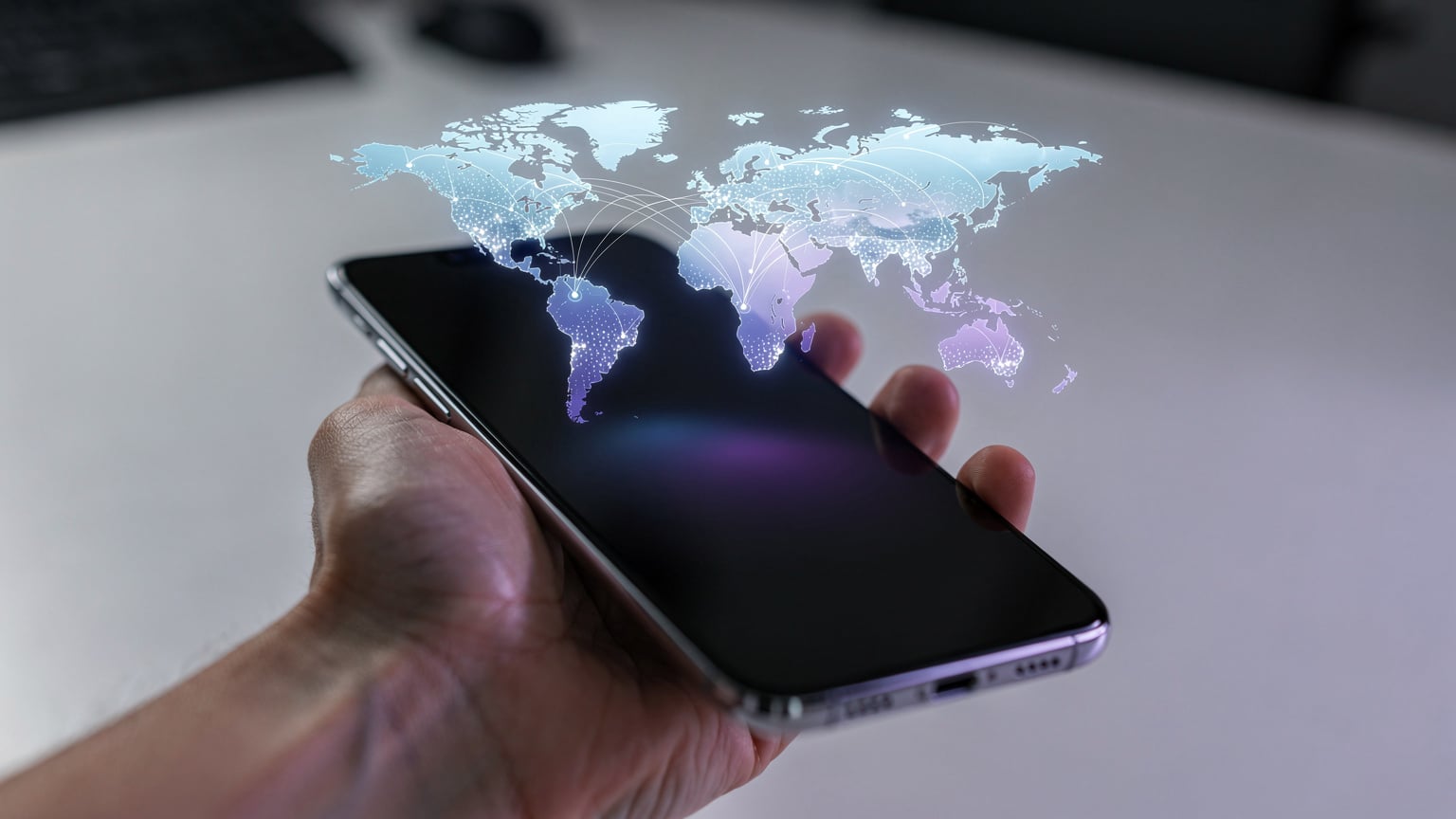 En modern hand med en elegant smartphone, projicerar en holografisk karta över världen med upplysta eSIM-anslutningar, symboliserande framtidens sömlösa globala mobilitet.