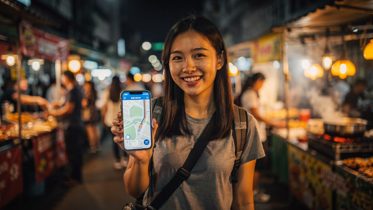 一位中國年輕女性在泰國曼谷熱鬧的街頭夜市，手持智能手機，屏幕上顯示著Google Maps導航，她臉上帶著輕鬆愉快的笑容。