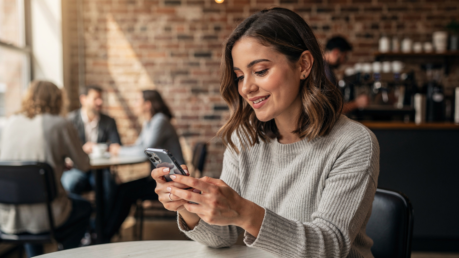 Mladá žena sedí v kavárně v New Yorku a s úsměvem si vybírá datový balíček pro USA v mobilní aplikaci Cellesim na svém chytrém telefonu.
