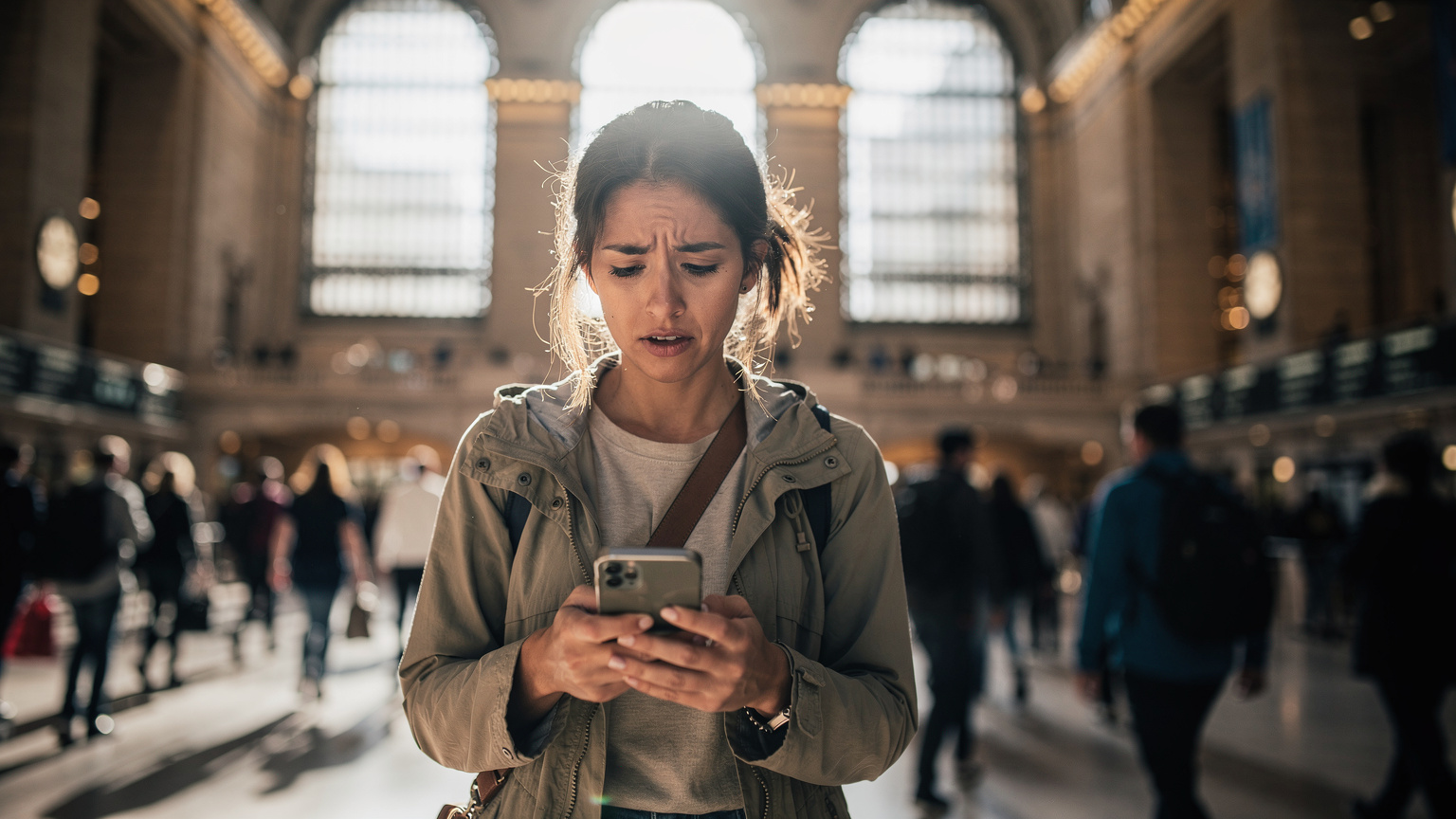 Cestovatelka s výrazem starostí na tváři se dívá na svůj chytrý telefon, zatímco stojí v rušné odbavovací hale nádraží Grand Central Terminal v New Yorku.