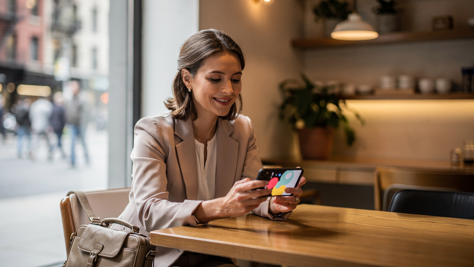 Elegantní cestovatelka drží svůj chytrý telefon s jasnou obrazovkou zobrazující ikony aplikací, usmívá se a sedí u stolu v moderní kavárně v newyorské čtvrti SoHo.