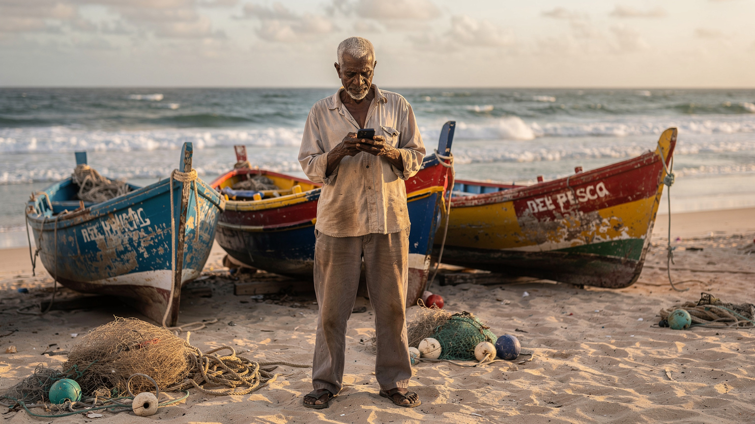 Een visser op het strand van Sal, Kaapverdië, checkt de weersvoorspelling op zijn smartphone, met de traditionele kleurrijke vissersbootjes op de achtergrond.