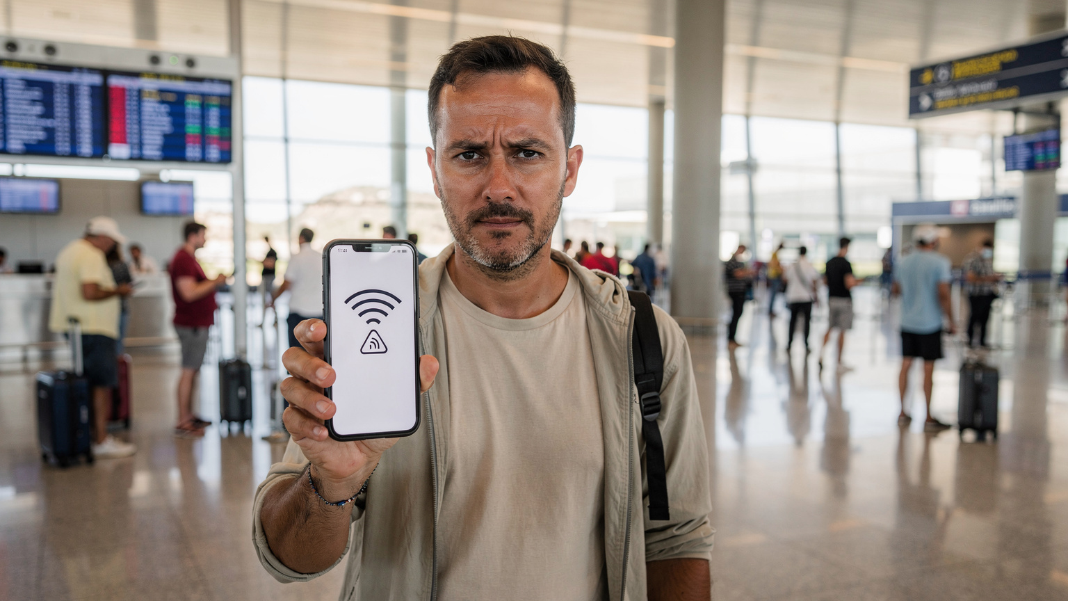 Een gefrustreerde reiziger op de luchthaven van Sal houdt een telefoon vast met een 'geen service' melding, terwijl mensen om hem heen zorgeloos hun telefoons gebruiken, wat het contrast van connectiviteitsproblemen benadrukt.