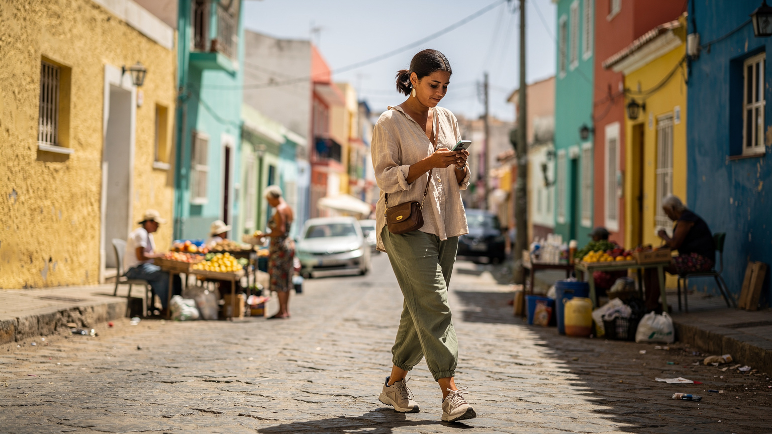 Een reiziger navigeert door de smalle, kleurrijke straten van Assomada, Santiago, Kaapverdië, met een smartphone in de hand, op zoek naar de lokale markt.