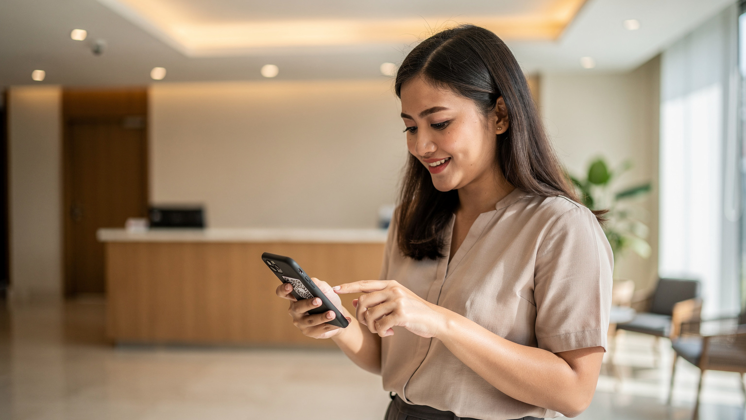 Seorang wanita muda Asia Tenggara sedang memindai kode QR eSIM di layar ponselnya dengan ekspresi lega, di lobi hotel modern yang terang benderang.