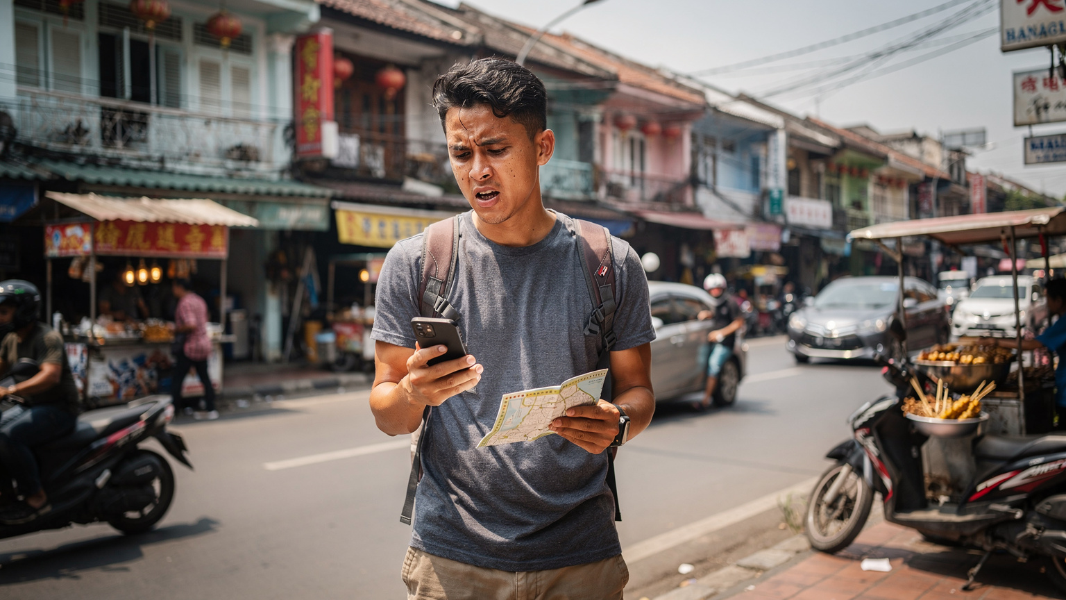 Seorang traveler muda dengan ransel, terlihat kebingungan mencari arah di persimpangan jalan yang ramai di kawasan Glodok, Jakarta, dengan ponsel di tangan dan ekspresi sedikit cemas.