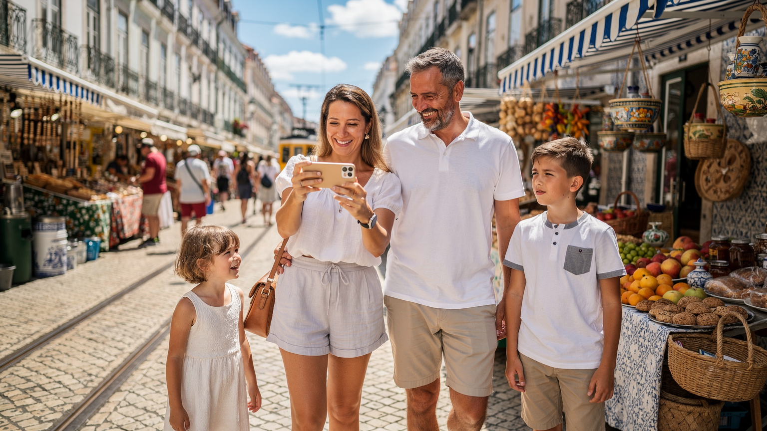 Uma família feliz caminhando por um mercado de rua vibrante no bairro da Baixa, em Lisboa, com a mãe tirando uma foto com seu iPhone 18, aproveitando a conectividade do eSIM para compartilhar o momento.