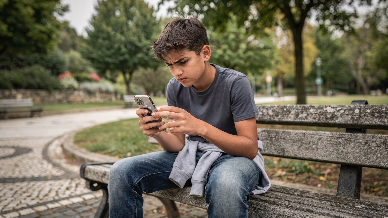 Um adolescente visivelmente frustrado olhando para a tela do seu iPhone, que exibe uma mensagem genérica de 'Sem Conexão', enquanto ele está sentado em um banco de parque em Portugal, com árvores e calçadas de pedra ao redor.