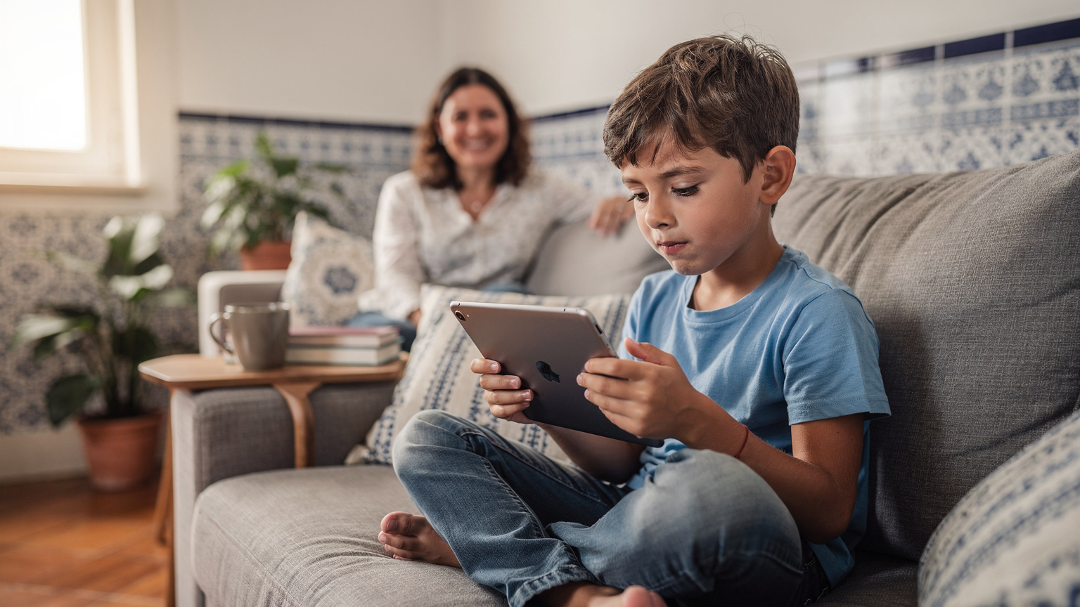 Uma criança concentrada, jogando um jogo divertido em um tablet, enquanto a mãe, no fundo, sorri aliviada e relaxada, sabendo que a conectividade do seu eSIM Cellesim está garantida.
