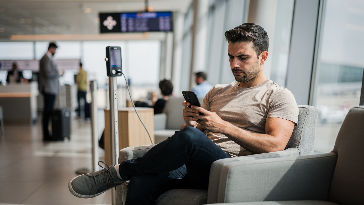 A traveler in an airport lounge, looking at their phone with a thoughtful expression, perhaps contemplating connectivity options before their flight to Algeria.