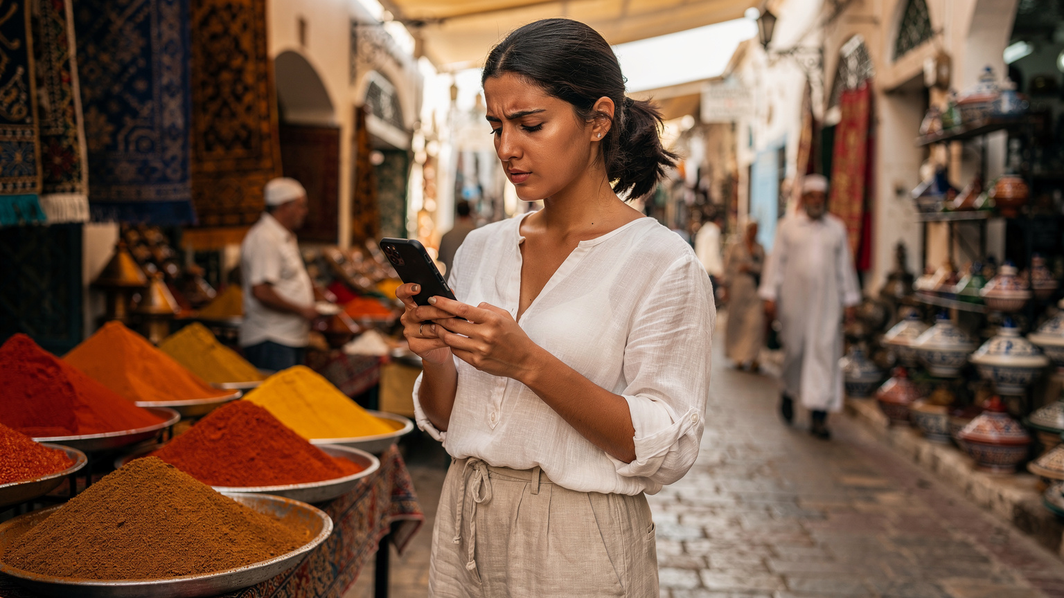 A traveler checking their smartphone in a bustling Algerian market, highlighting the need for reliable connectivity amidst vibrant local life.