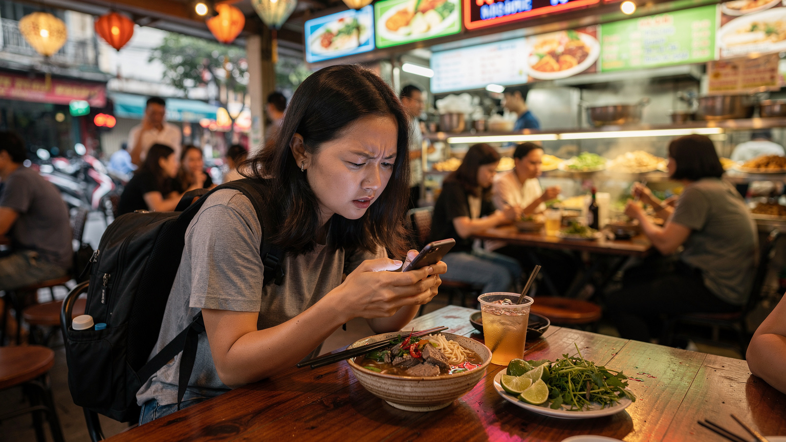 Digitálna nomádka sedí v rušnom food courte v Ho Chi Minhovom meste, Vietnam, a s obavami pozerá na svoj telefón, zatiaľ čo sa snaží pripojiť.