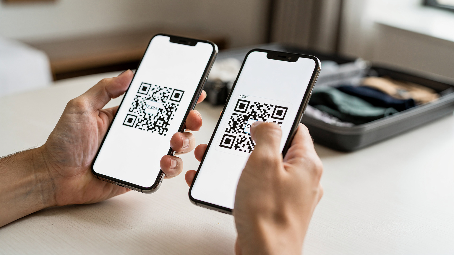 Detailný záber na ruky cestovateľa, ktorý skenuje QR kód eSIM na svojom smartfóne v hotelovej izbe.