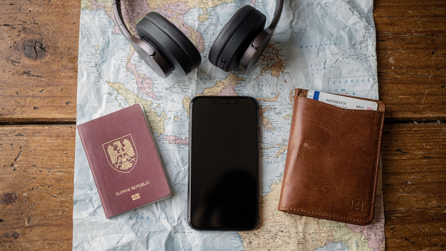 Overhead flat-lay cestovných náležitostí, vrátane pasu, peňaženky, smartfónu s otvorenou aplikáciou Cellesim a mapy juhovýchodnej Ázie, položených na drevenom stole.