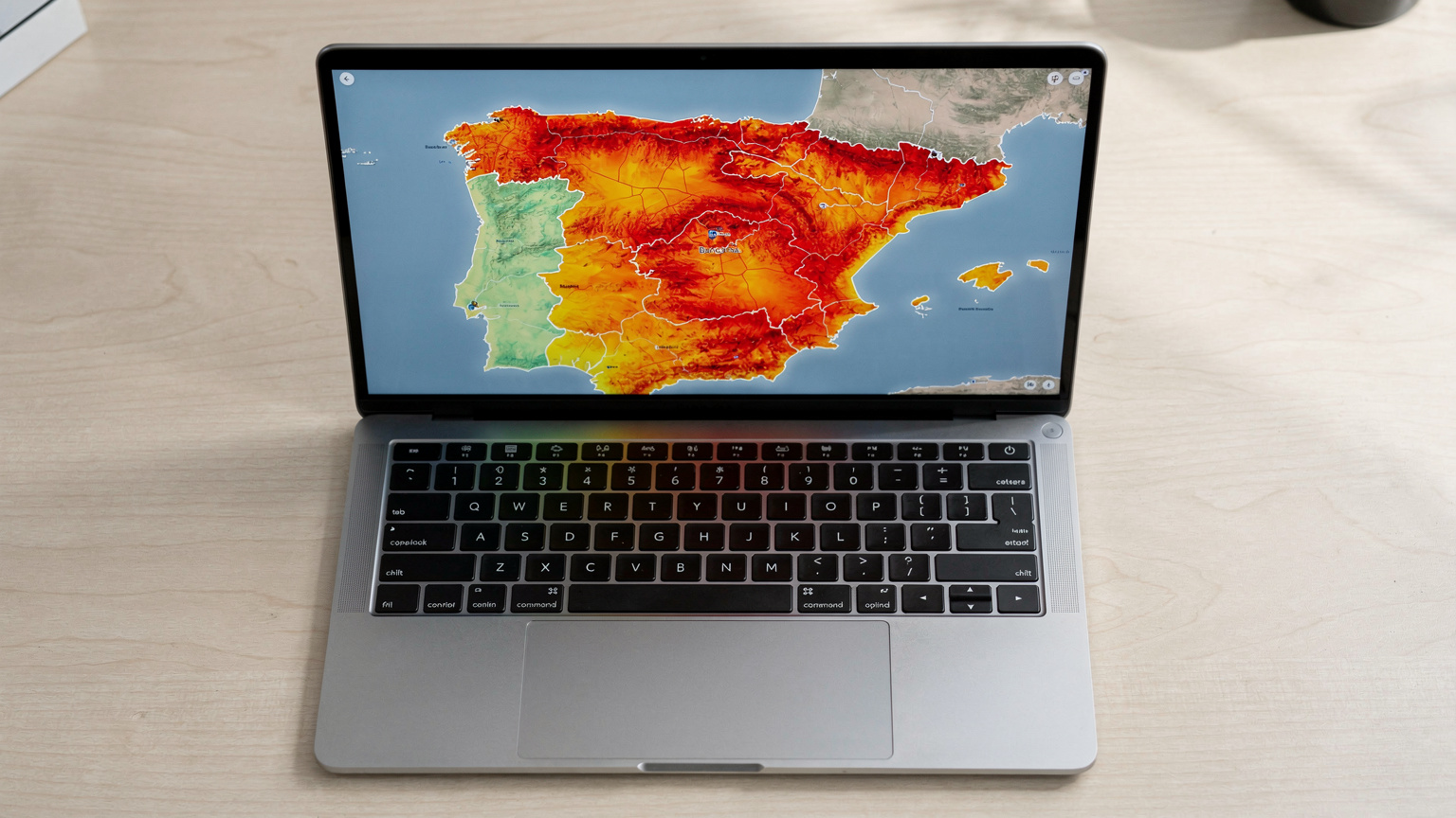 Un mapa de España superpuesto con zonas coloreadas que representan la cobertura de red móvil de Digi, destacando las áreas urbanas con mejor señal y algunas zonas rurales con menor cobertura, visto en la pantalla de un portátil.