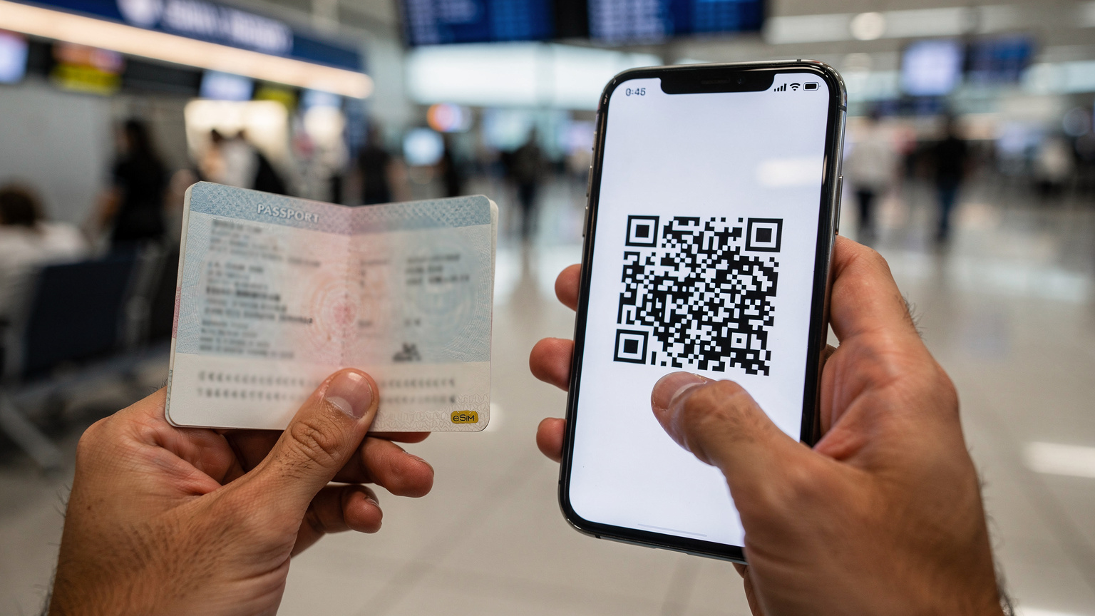 Manos de un viajero con un pasaporte abierto y un teléfono móvil, intentando activar una eSIM mediante un código QR en un aeropuerto bullicioso, con una expresión de ligera frustración.