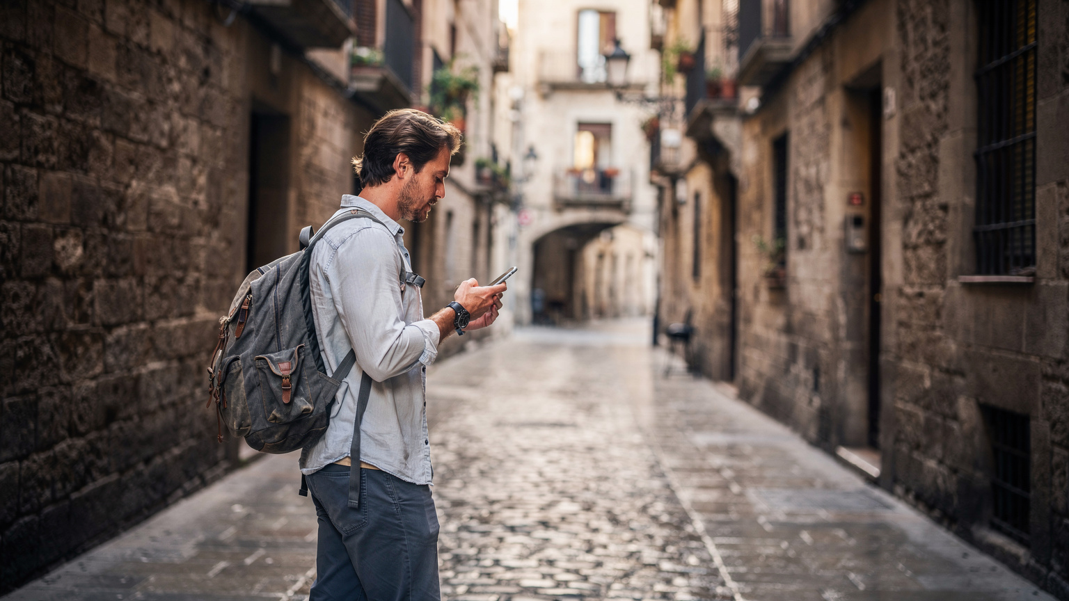 Un viajero con mochila navega por una calle estrecha y adoquinada del barrio gótico de Barcelona, consultando su teléfono móvil, con la arquitectura histórica y una luz suave de la mañana iluminando el entorno.