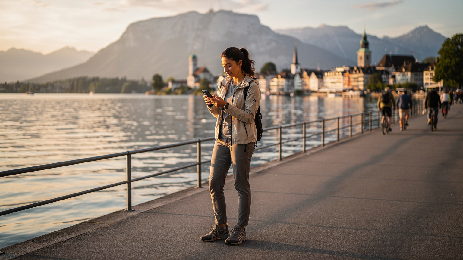 O femeie zâmbitoare, îmbrăcată casual, verifică harta pe telefonul ei în timp ce stă lângă Lacul Zurich, cu Alpii în fundal, la apus.