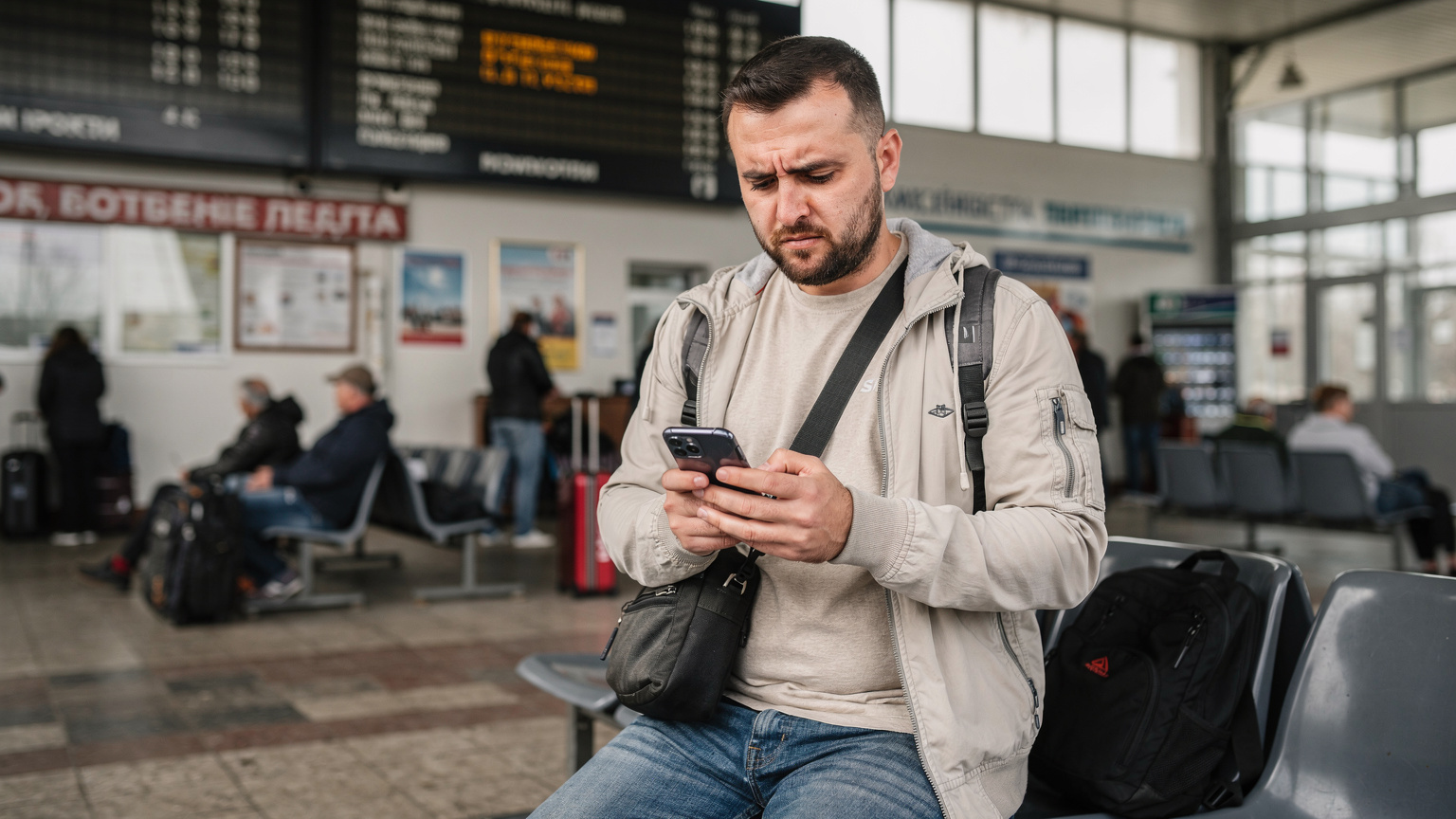 Bulgaristan'da bir otobüs terminalinde, elinde akıllı telefonuyla bağlantı sorunu yaşayan, ekranına endişeyle bakan bir erkek gezgin.