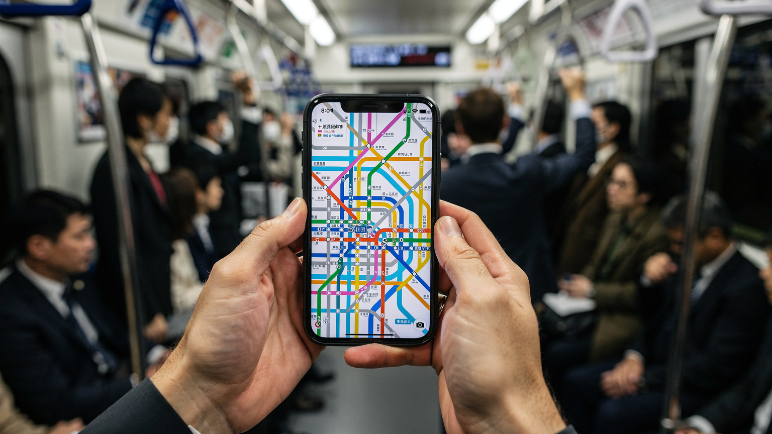 Nahaufnahme der Hände einer Person, die ein Smartphone hält, auf dem eine Navigations-App mit einer Karte von Tokios U-Bahn-Linien angezeigt wird, während sie in einem überfüllten U-Bahn-Wagen steht.