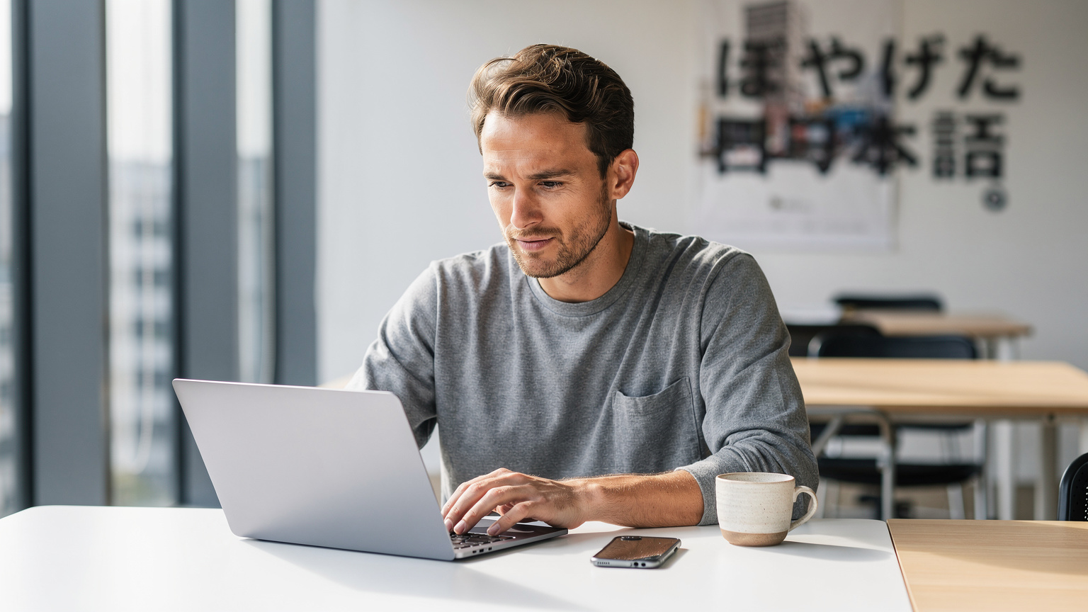 Ein Digitalnomade arbeitet an einem Laptop in einem modernen, hellen Co-Working-Space in Tokio, mit einer Tasse Kaffee und einem Smartphone daneben. Japanische Schriftzeichen auf einem Plakat im Hintergrund.