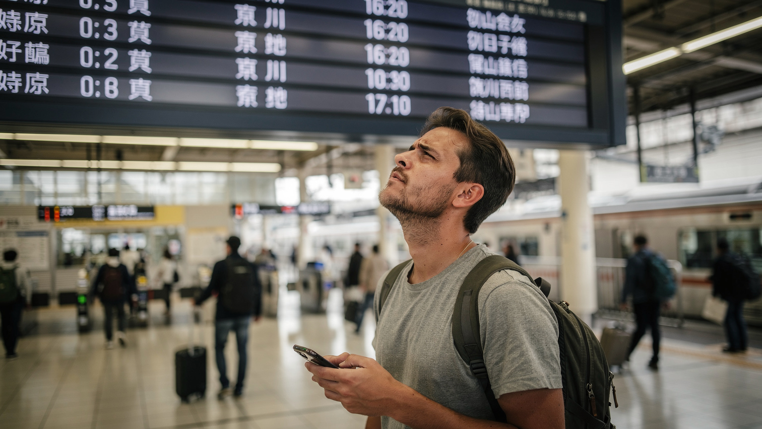 Ein Reisender steht mit verwirrtem Blick vor einer elektronischen Anzeigetafel an einem japanischen Bahnhof, auf der komplexe Zugfahrpläne in japanischer Schrift zu sehen sind, und hält ein Smartphone in der Hand, das offensichtlich keine Verbindung hat.
