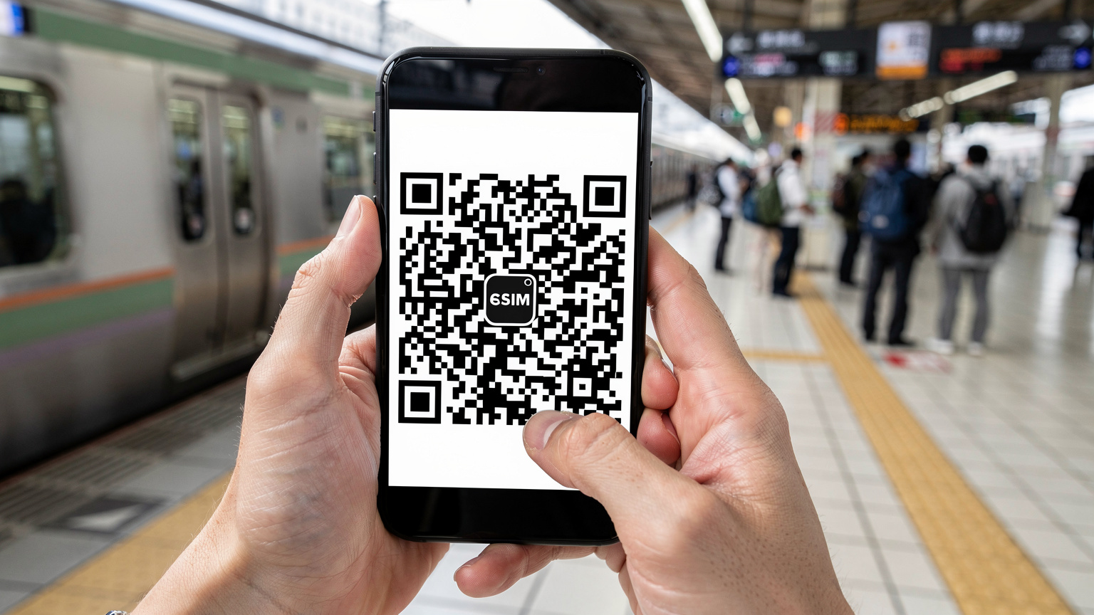 Nahaufnahme eines Smartphones, das einen QR-Code für die eSIM-Aktivierung anzeigt, gehalten von Händen vor dem Hintergrund eines geschäftigen, aber ordentlichen japanischen Bahnhofs.