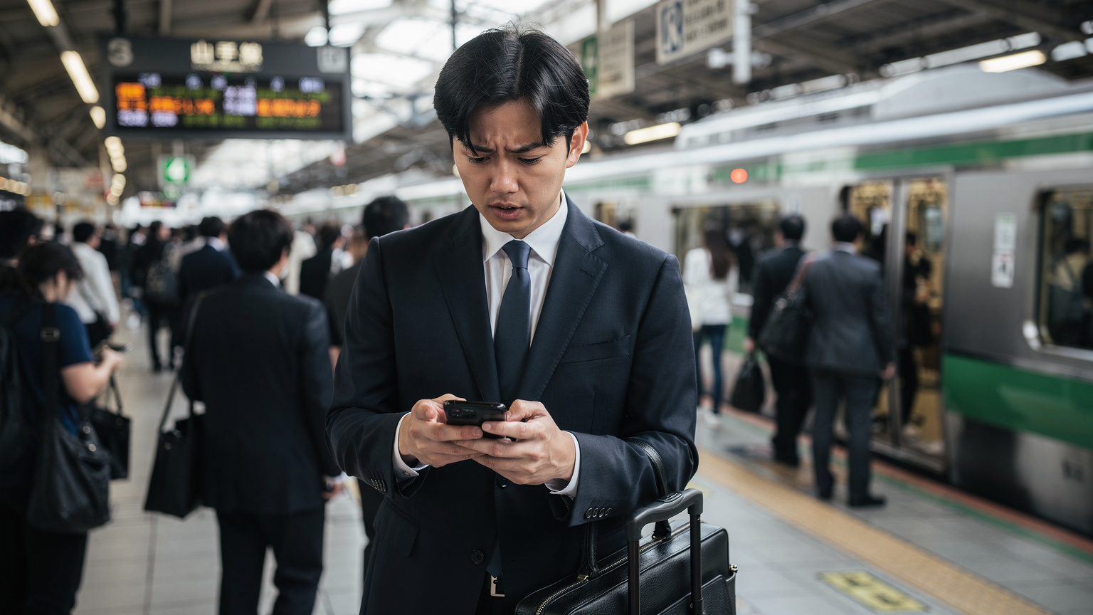 En travel forretningsmann i dress sjekker sin smarttelefon med et bekymret uttrykk mens han står i en folkemengde på en overfylt togstasjon i Tokyo.