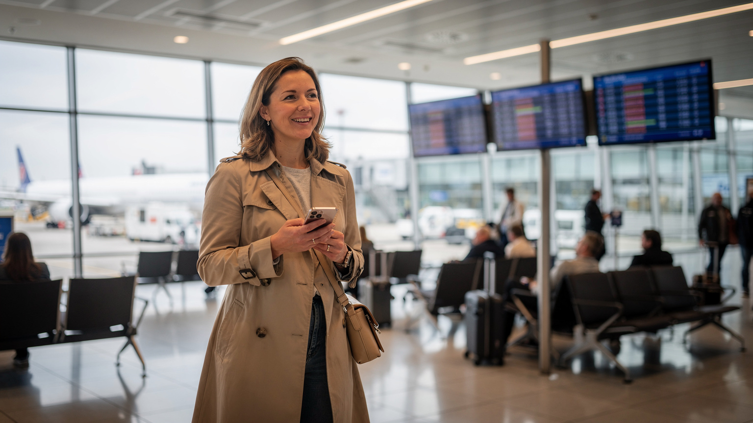 En reisende kvinne i en beige trenchcoat sjekker sin smarttelefon med et smil, med avgangstavler og en folkemengde i bakgrunnen på en travel flyplass.