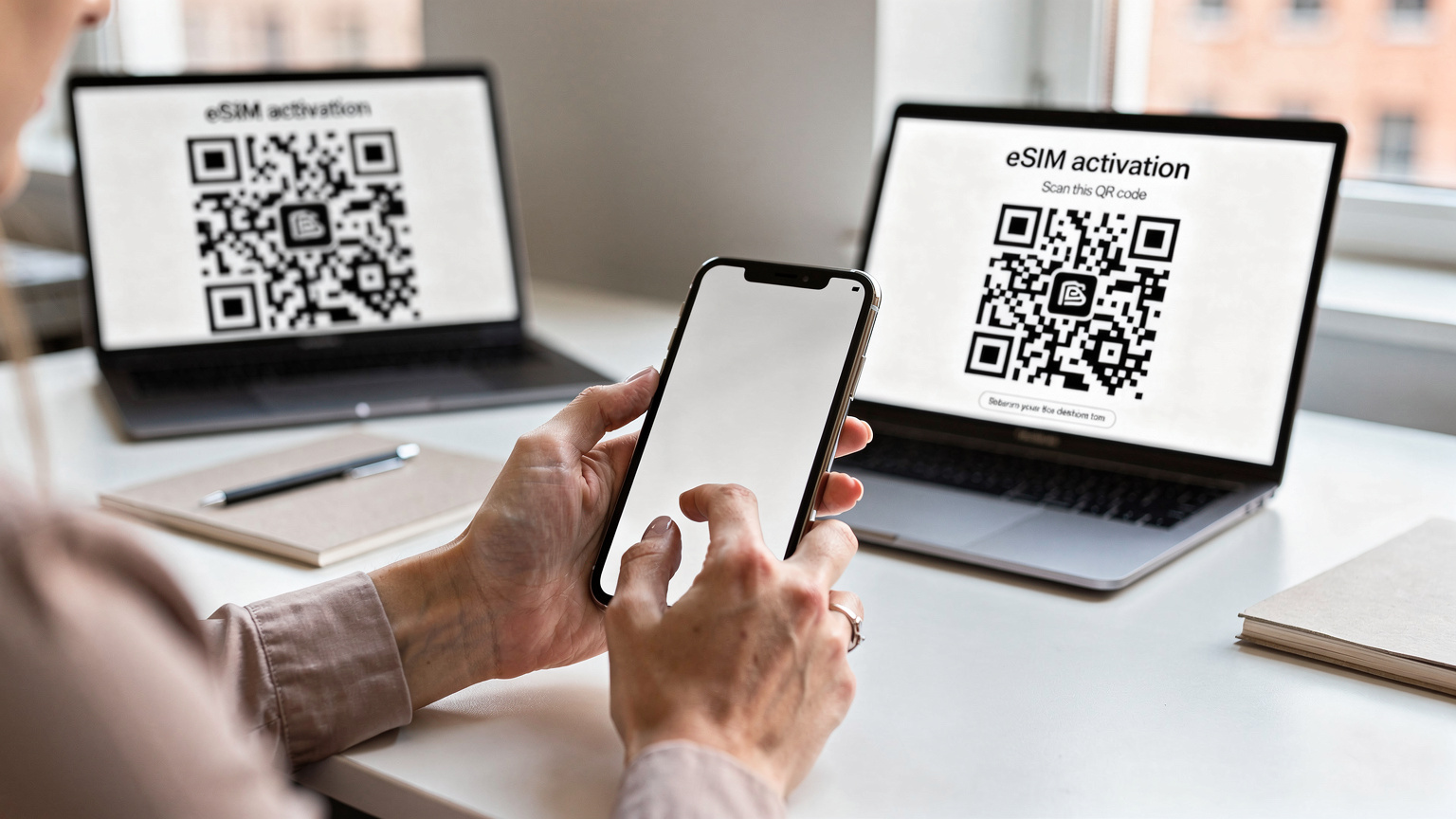 Nærbilde av en kvinnes hender som holder en iPhone, med en QR-kode for eSIM-aktivering synlig på en laptopskjerm i bakgrunnen, i en moderne og minimalistisk setting.