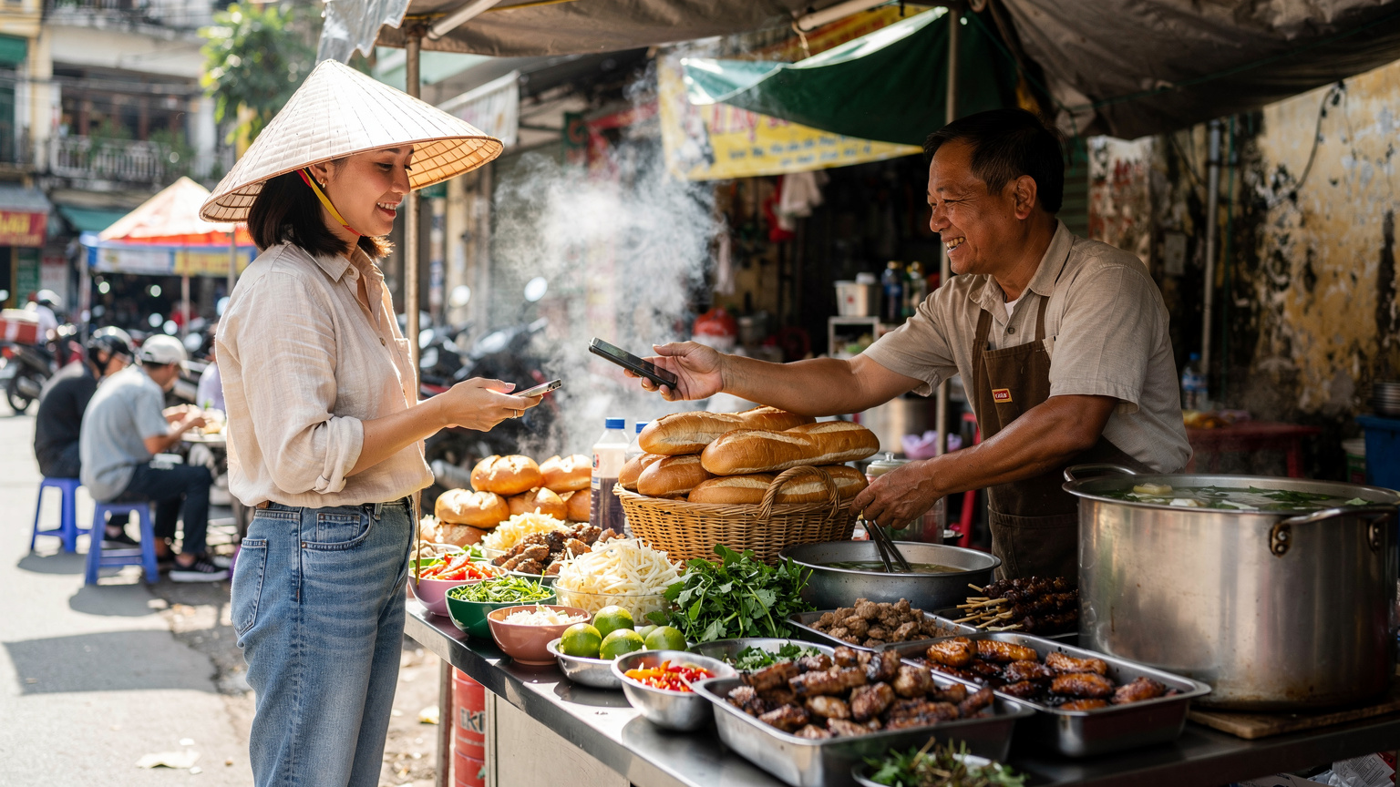 En kvinne i en stråhatt betaler en lokal matselger ved en travel gatematbod i Ho Chi Minh-byen, Vietnam, med ulike tradisjonelle retter utstilt.