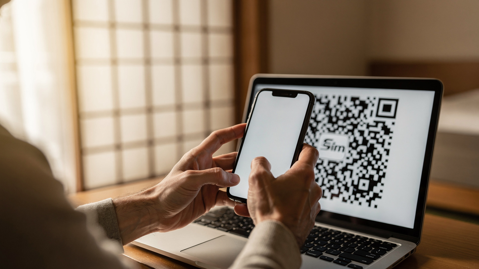 Gros plan sur les mains d'un voyageur scannant un QR code eSIM affiché sur un ordinateur portable, dans une chambre d'hôtel moderne à Kyoto, Japon, avec un éclairage doux en fin de journée.