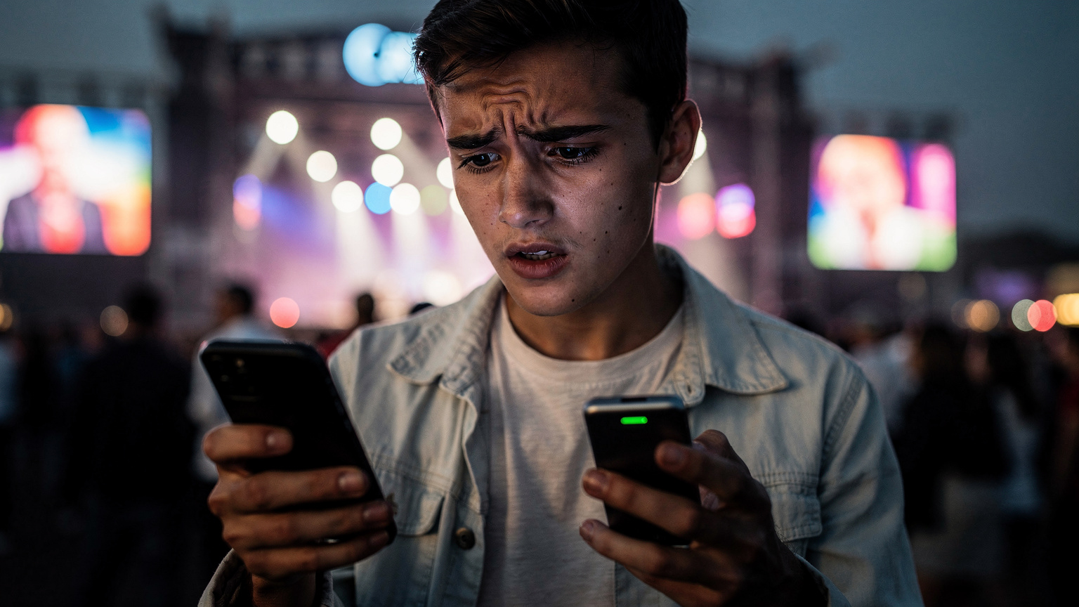 Festival alanında şarjı biten telefonuna endişeyle bakan genç bir adamın yakın çekimi.