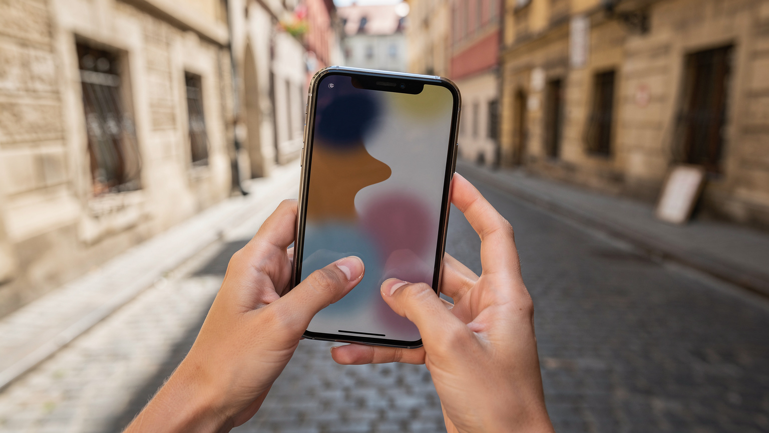 Bir genç kadının elinde akıllı telefonuyla Cellesim uygulamasını açtığı an, arka planda Avrupa şehrinin tarihi binaları.