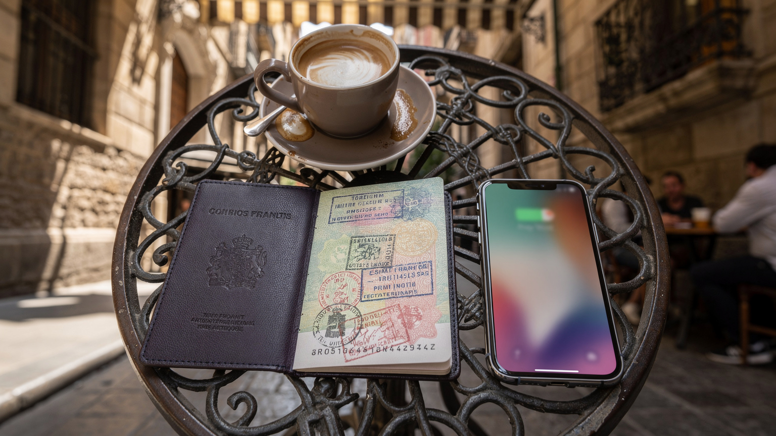Un passeport français ouvert sur une page de visas, posé sur une petite table de café en plein air à Barcelone, à côté d'un smartphone affichant l'application Cellesim et une tasse de café, suggérant la préparation d'un voyage.